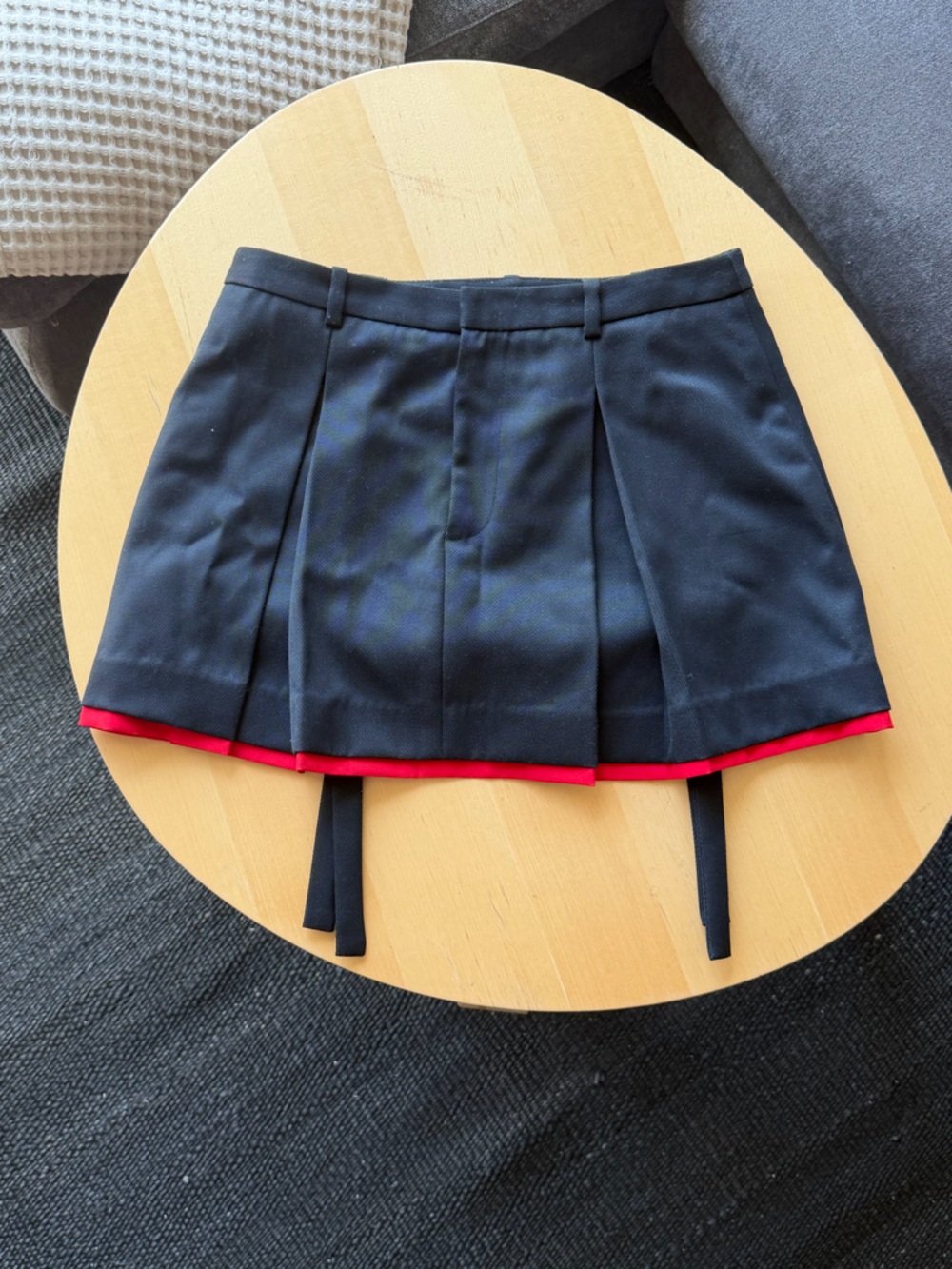 Sandy Liang Black Pleated Mini Skirt “Barlowe” RARE red trim